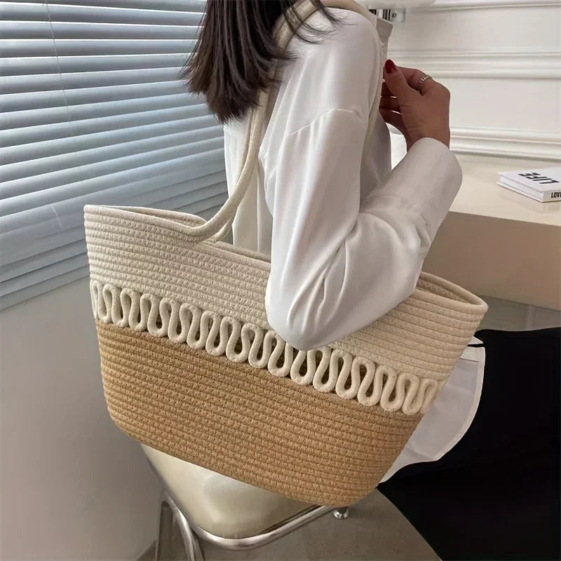 Elarova | Damen Schultertasche mit großer Kapazität handgefertigt aus StrickKitStoff und Stroh