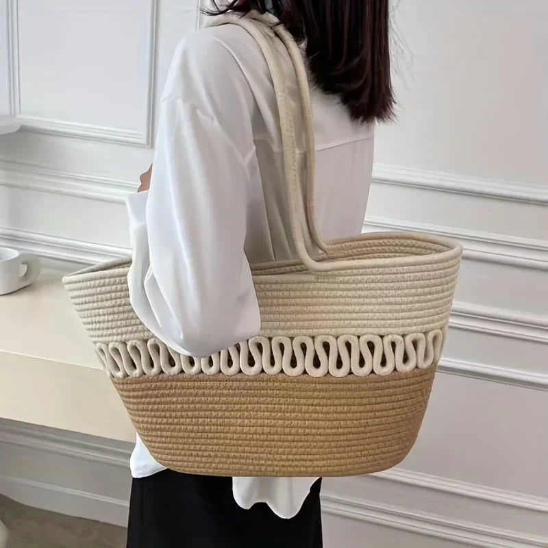 Elarova | Damen Schultertasche mit großer Kapazität handgefertigt aus StrickKitStoff und Stroh
