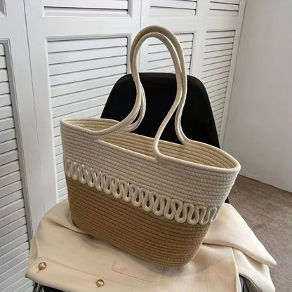 Elarova | Damen Schultertasche mit großer Kapazität handgefertigt aus StrickKitStoff und Stroh