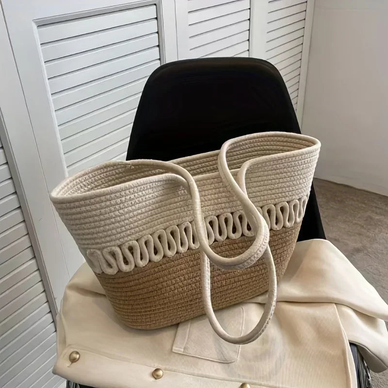 Elarova | Damen Schultertasche mit großer Kapazität handgefertigt aus StrickKitStoff und Stroh