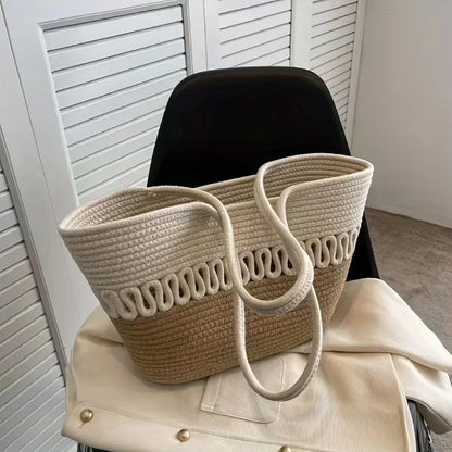Elarova | Damen Schultertasche mit großer Kapazität handgefertigt aus StrickKitStoff und Stroh