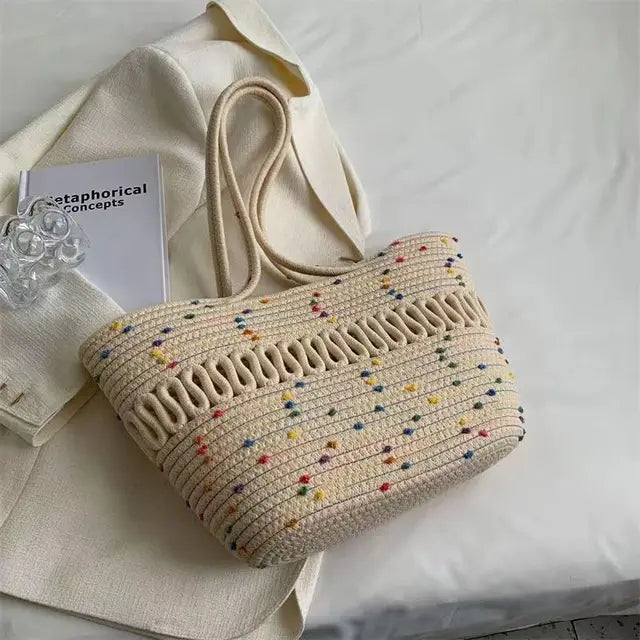 Elarova | Damen Schultertasche mit großer Kapazität handgefertigt aus StrickKitStoff und Stroh