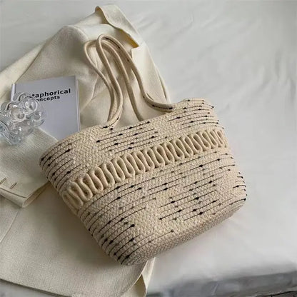 Elarova | Damen Schultertasche mit großer Kapazität handgefertigt aus StrickKitStoff und Stroh