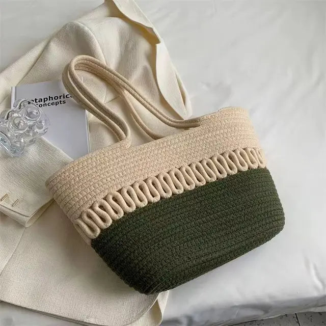 Elarova | Damen Schultertasche mit großer Kapazität handgefertigt aus StrickKitStoff und Stroh