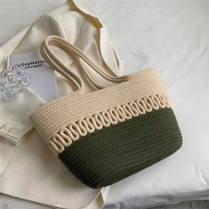 Elarova | Damen Schultertasche mit großer Kapazität handgefertigt aus StrickKitStoff und Stroh