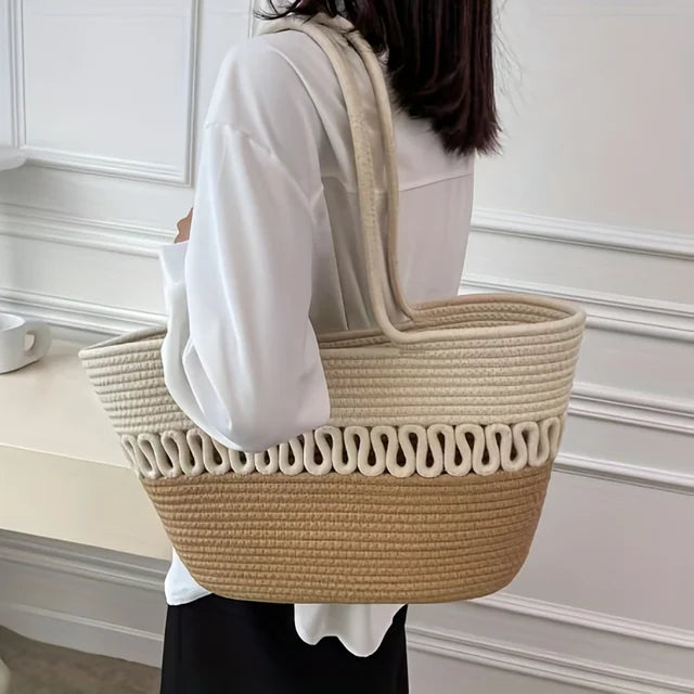 Elarova | Damen Schultertasche mit großer Kapazität handgefertigt aus StrickKitStoff und Stroh