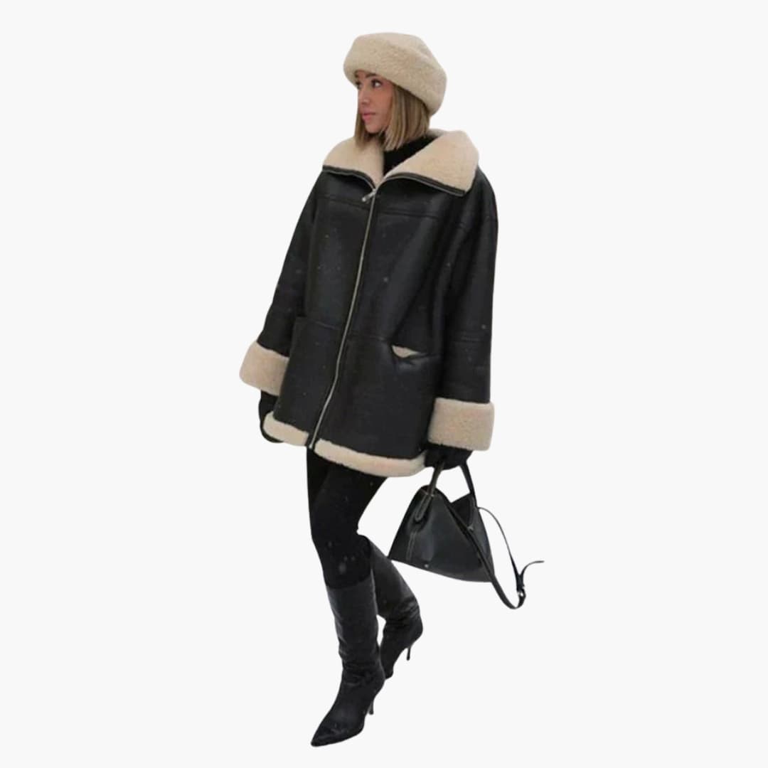 Elarova | Damen Schwarze Jacke mit Shearling Besatz