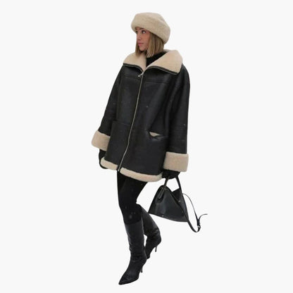 Elarova | Damen Schwarze Jacke mit Shearling Besatz