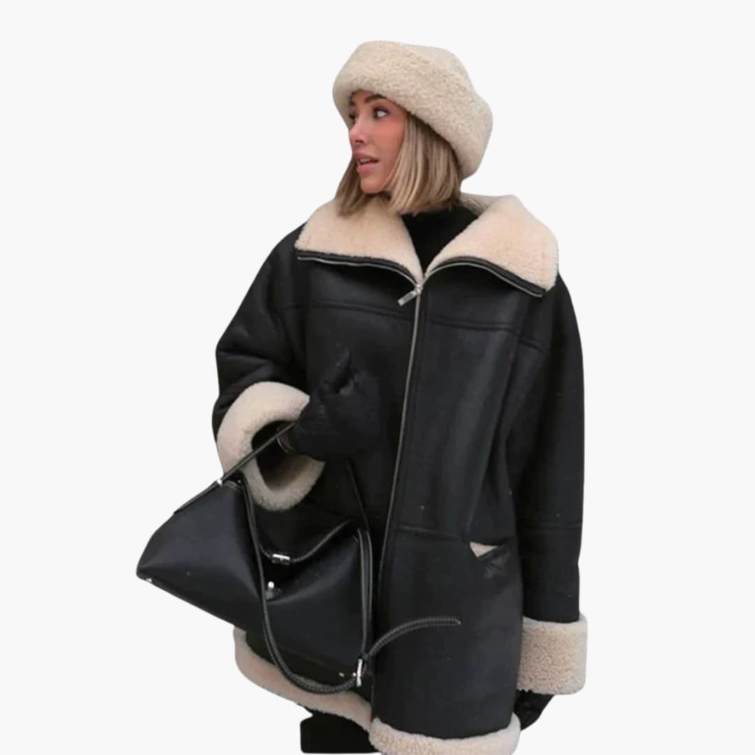 Elarova | Damen Schwarze Jacke mit Shearling Besatz