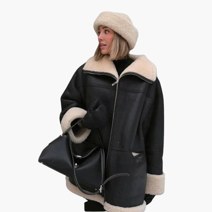 Elarova | Damen Schwarze Jacke mit Shearling Besatz