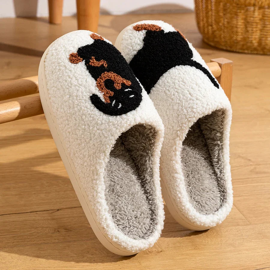 Elarova | Damen Slipper Kleine Schwarze Hund Weiche Plüsch Hausschuhe