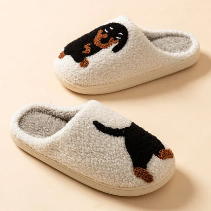 Elarova | Damen Slipper Kleine Schwarze Hund Weiche Plüsch Hausschuhe