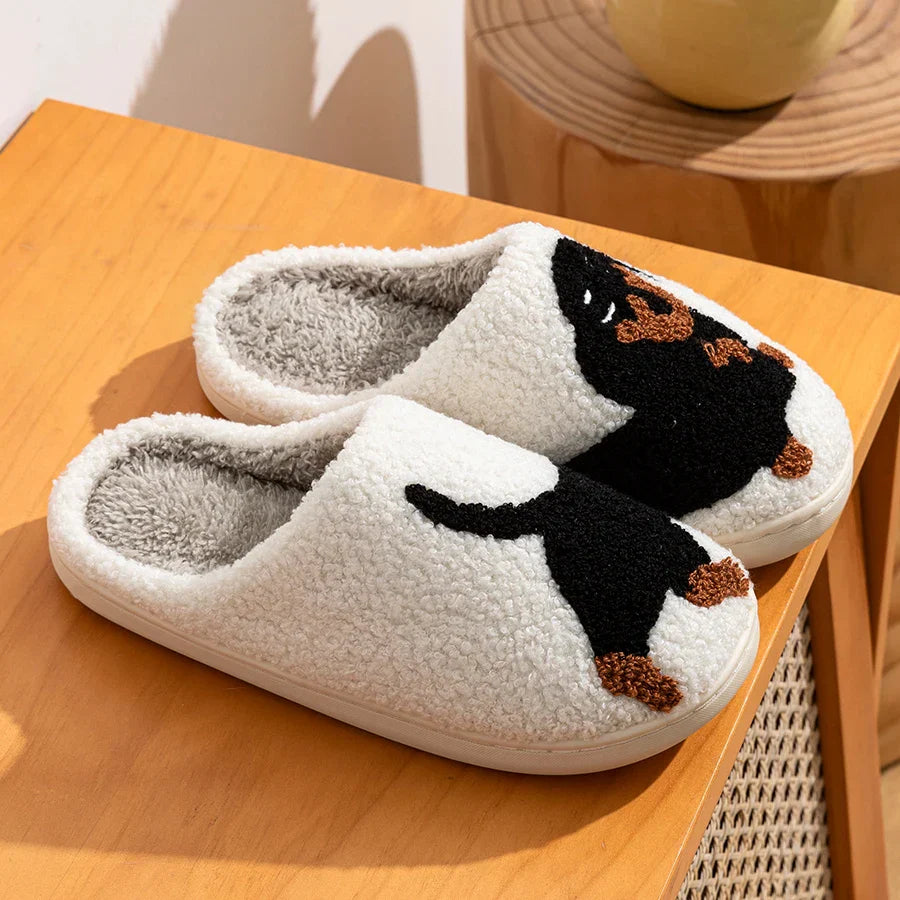Elarova | Damen Slipper Kleine Schwarze Hund Weiche Plüsch Hausschuhe