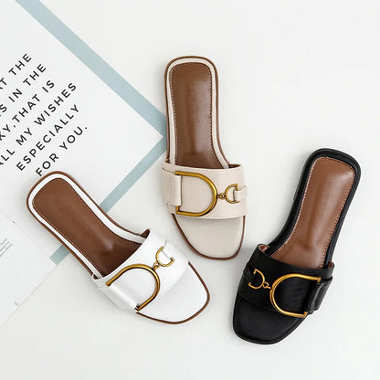 Elarova | Damen-Slipper aus Leder mit quadratischer Zehenpartie: Designer-Flats mit Metallverzierung, Outdoor-Flip-Flops, Gummisohle