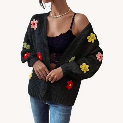 Elarova | Damen-Strickjacke mit Blumenmuster und Knöpfen
