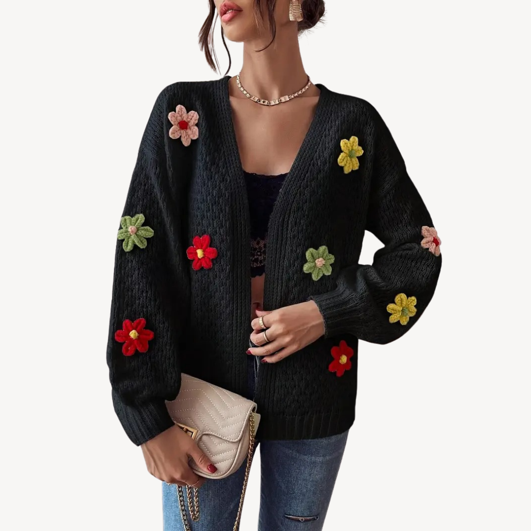 Elarova | Damen-Strickjacke mit Blumenmuster und Knöpfen