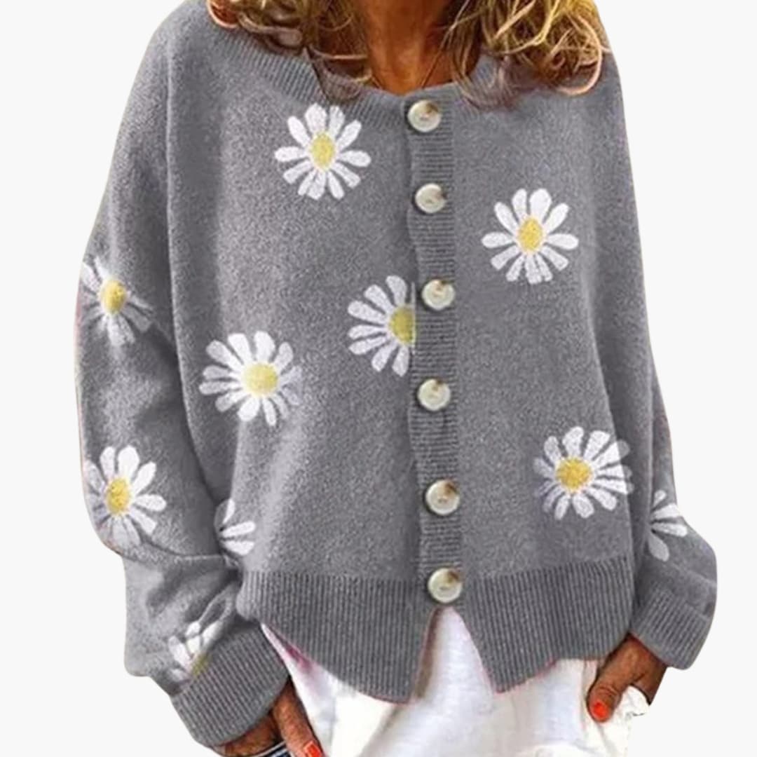 Elarova | Damen Strickjacke mit Blumenmuster und Knopfverschluss