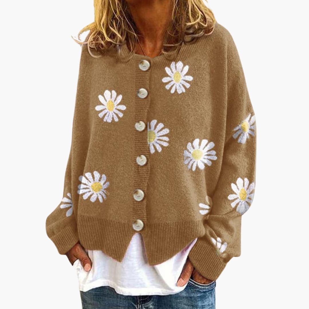 Elarova | Damen Strickjacke mit Blumenmuster und Knopfverschluss
