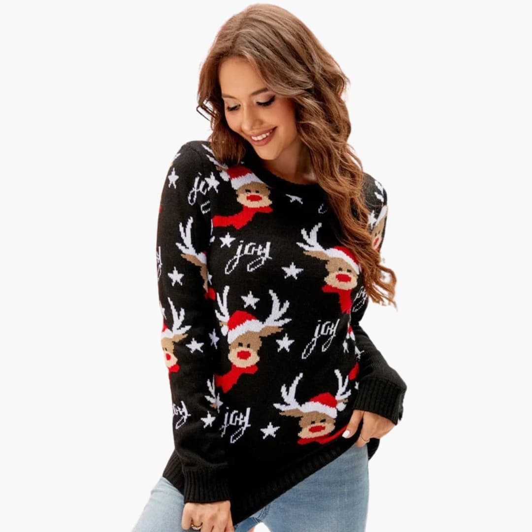 Elarova | Damen Strickpullover mit Elchmotiv und Fleece Oberfläche