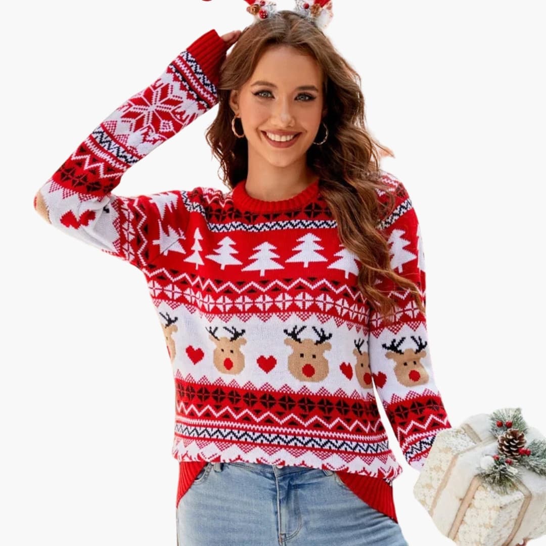Elarova | Damen Strickpullover mit Elchmotiv und Fleece Oberfläche