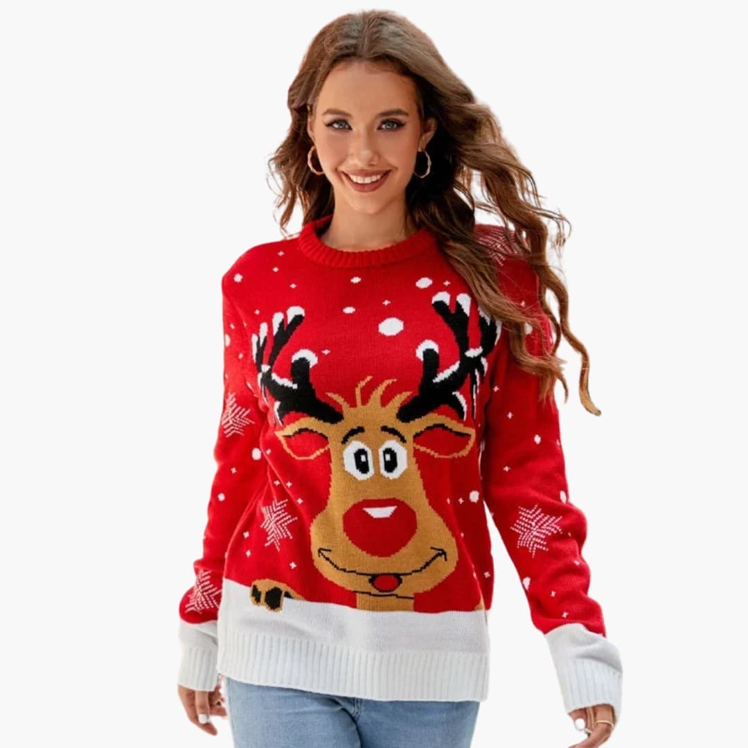 Elarova | Damen Strickpullover mit Elchmotiv und Fleece Oberfläche