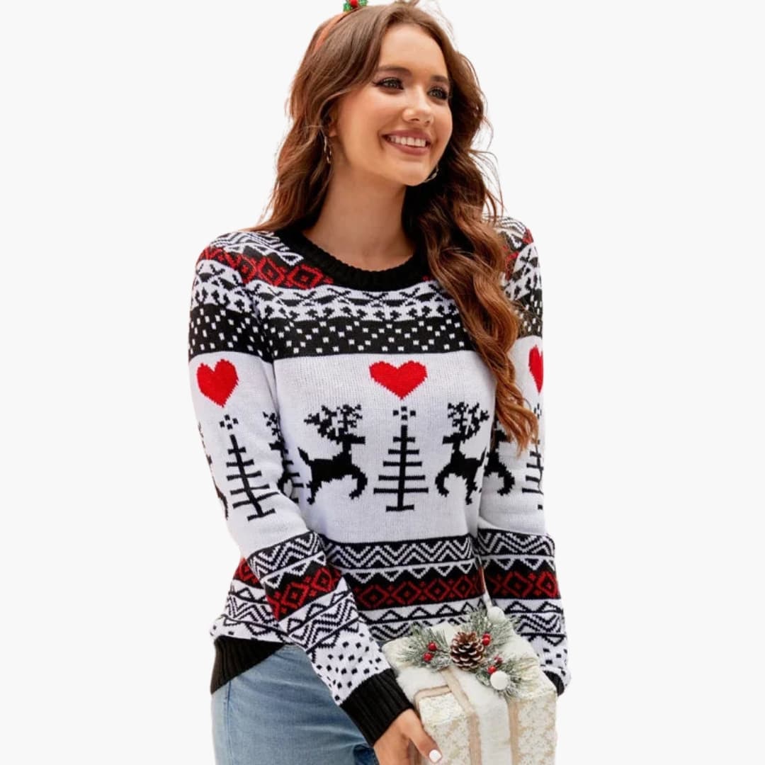 Elarova | Damen Strickpullover mit Elchmotiv und Fleece Oberfläche