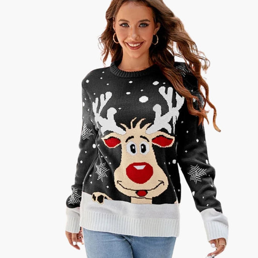 Elarova | Damen Strickpullover mit Elchmotiv und Fleece Oberfläche