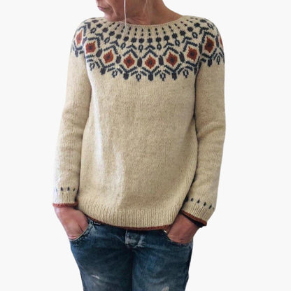 Elarova | Damen Strickpullover mit Rundhalsausschnitt und geometrischem Muster