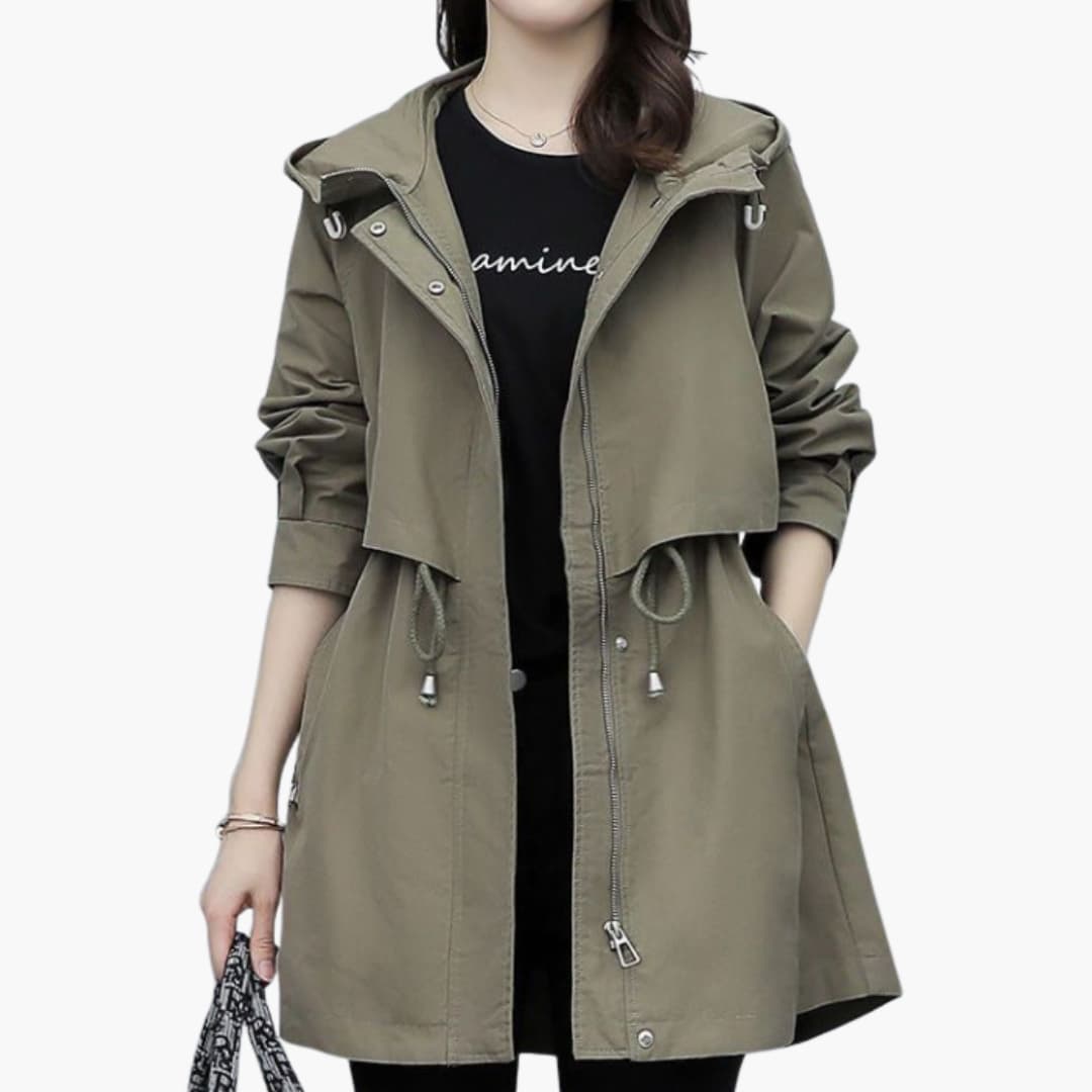 Elarova | Damen Trenchcoat mit Kapuze, Reißverschluss und Taillenzugband