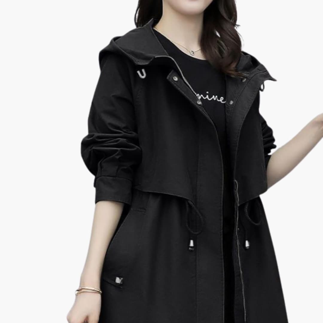 Elarova | Damen Trenchcoat mit Kapuze, Reißverschluss und Taillenzugband