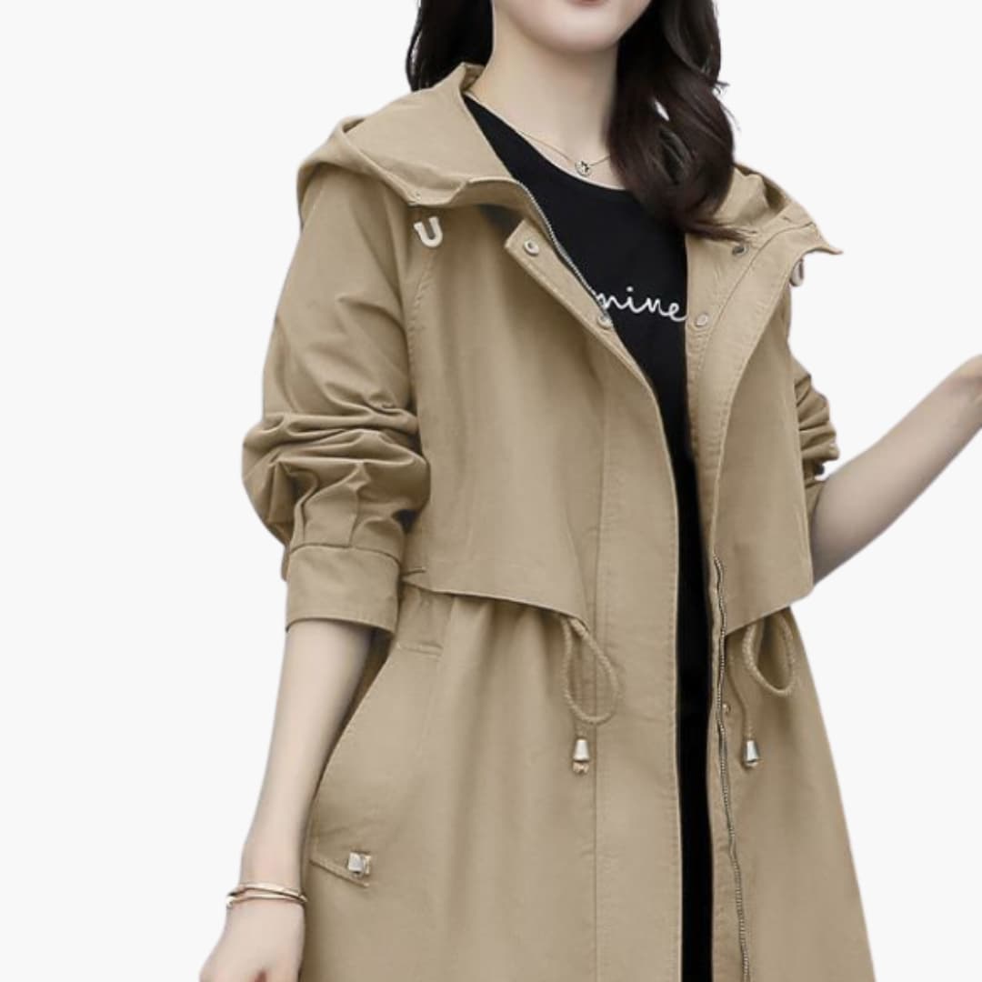 Elarova | Damen Trenchcoat mit Kapuze, Reißverschluss und Taillenzugband