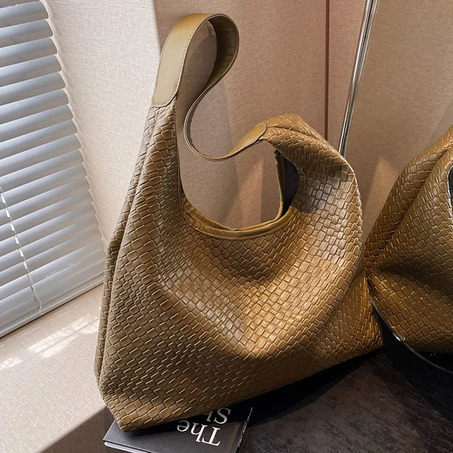 Elarova | Damen Vielseitige Schultertasche aus weichem Leder mit gewebtem HoboDesign