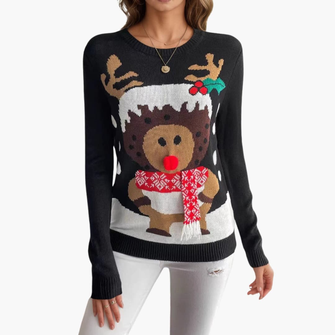 Elarova | Damen Weihnachts Pullover mit Rentier Motiv und rotem Schal Detail