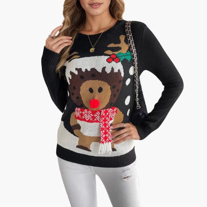 Elarova | Damen Weihnachts Pullover mit Rentier Motiv und rotem Schal Detail