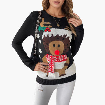 Elarova | Damen Weihnachts Pullover mit Rentier Motiv und rotem Schal Detail