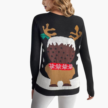 Elarova | Damen Weihnachts Pullover mit Rentier Motiv und rotem Schal Detail