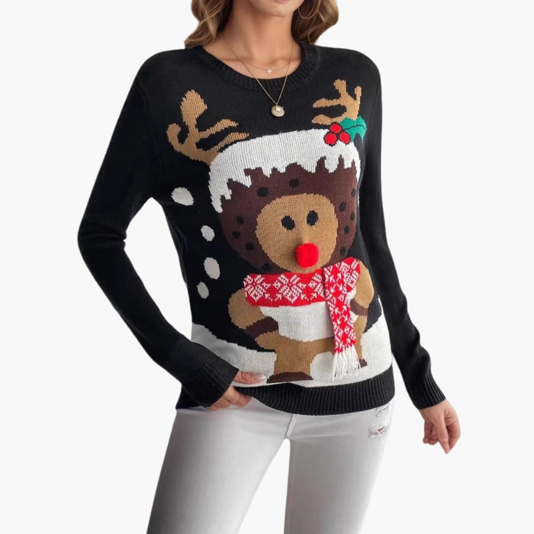 Elarova | Damen Weihnachts Pullover mit Rentier Motiv und rotem Schal Detail