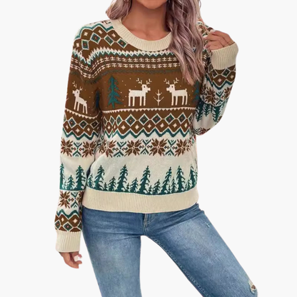 Elarova | Damen Weihnachts Pullover mit Rentier und Baummotiv
