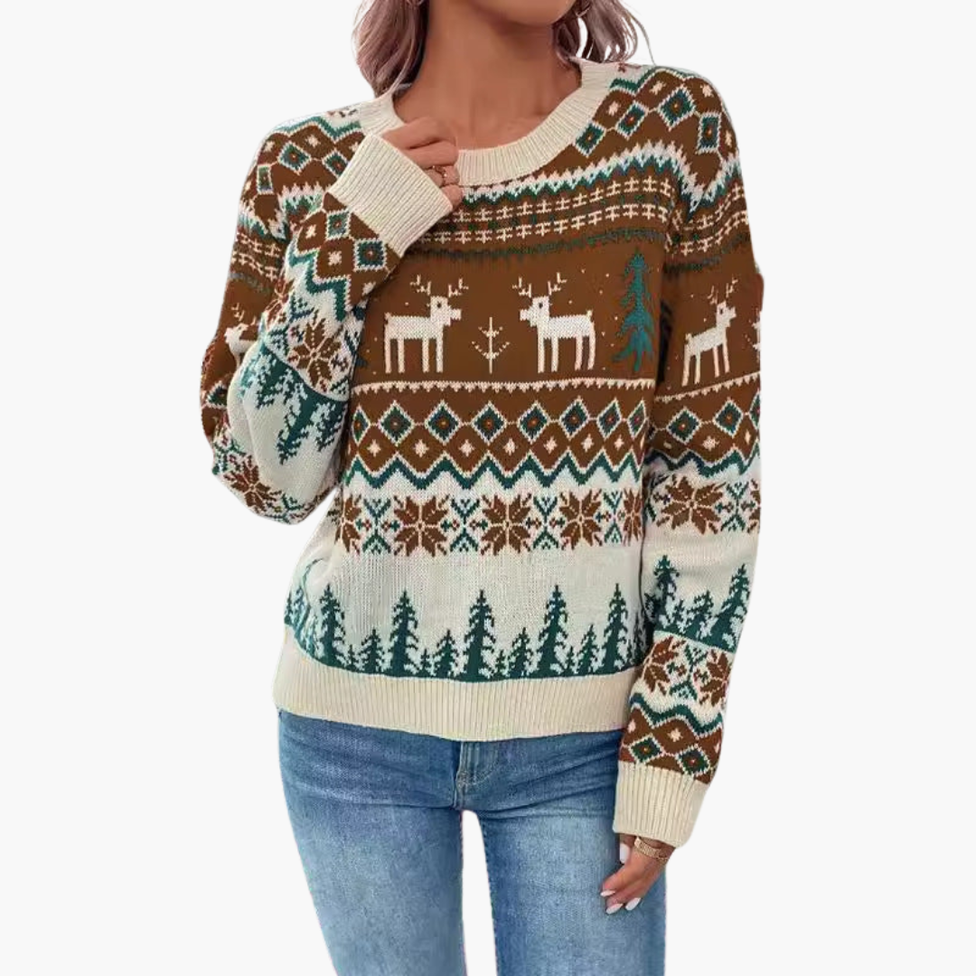 Elarova | Damen Weihnachts Pullover mit Rentier und Baummotiv