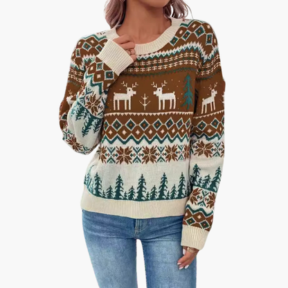 Elarova | Damen Weihnachts Pullover mit Rentier und Baummotiv