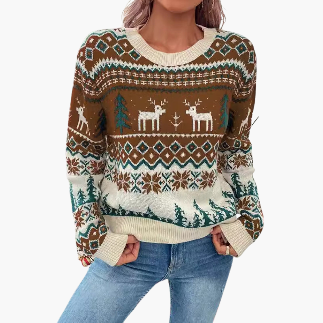 Elarova | Damen Weihnachts Pullover mit Rentier und Baummotiv