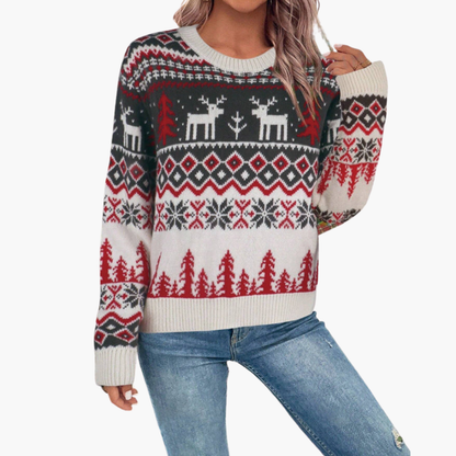 Elarova | Damen Weihnachts Pullover mit Rentier und Baummotiv