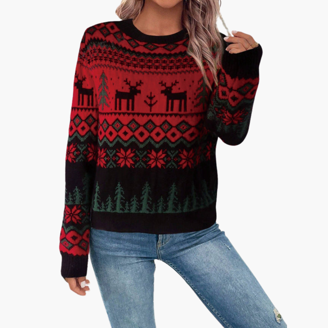 Elarova | Damen Weihnachts Pullover mit Rentier und Baummotiv