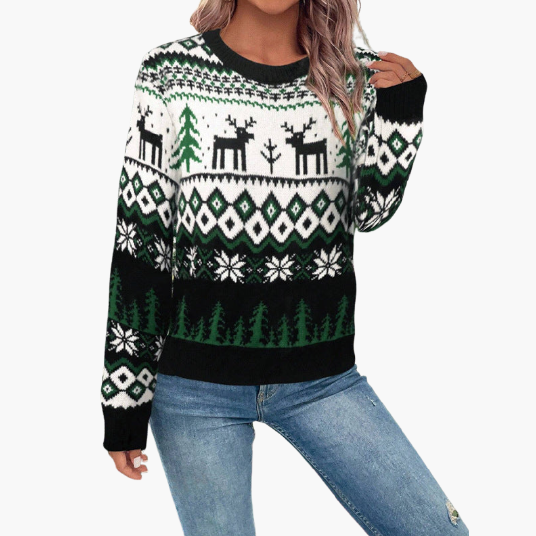 Elarova | Damen Weihnachts Pullover mit Rentier und Baummotiv