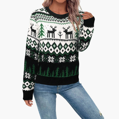 Elarova | Damen Weihnachts Pullover mit Rentier und Baummotiv