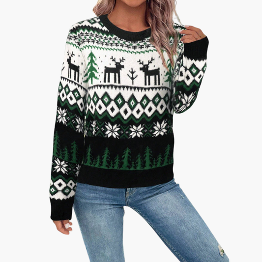 Elarova | Damen Weihnachts Pullover mit Rentier und Baummotiv
