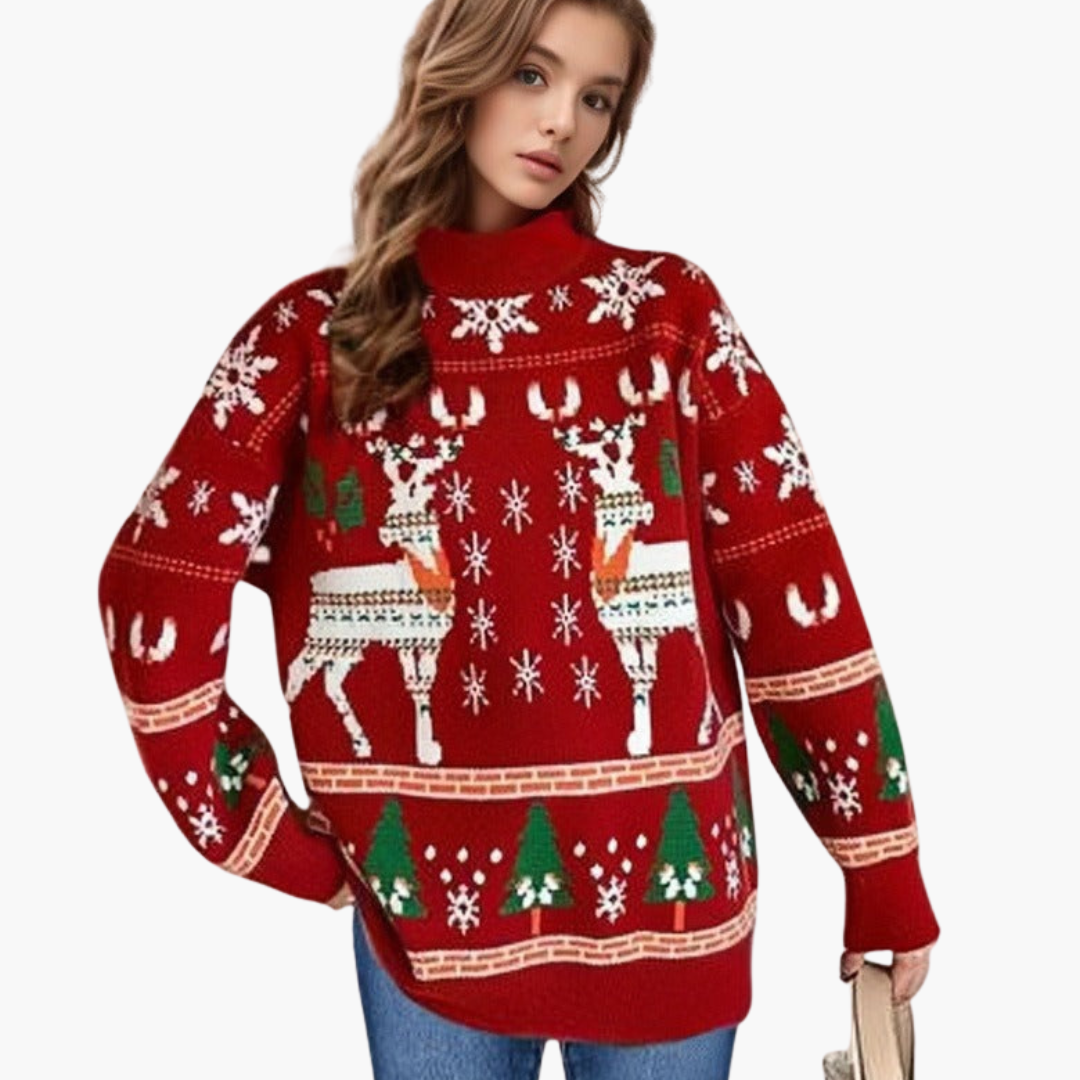 Elarova | Damen Weihnachts Pullover mit Rentier und Schneeflockenmotiv