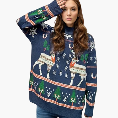 Elarova | Damen Weihnachts Pullover mit Rentier und Schneeflockenmotiv