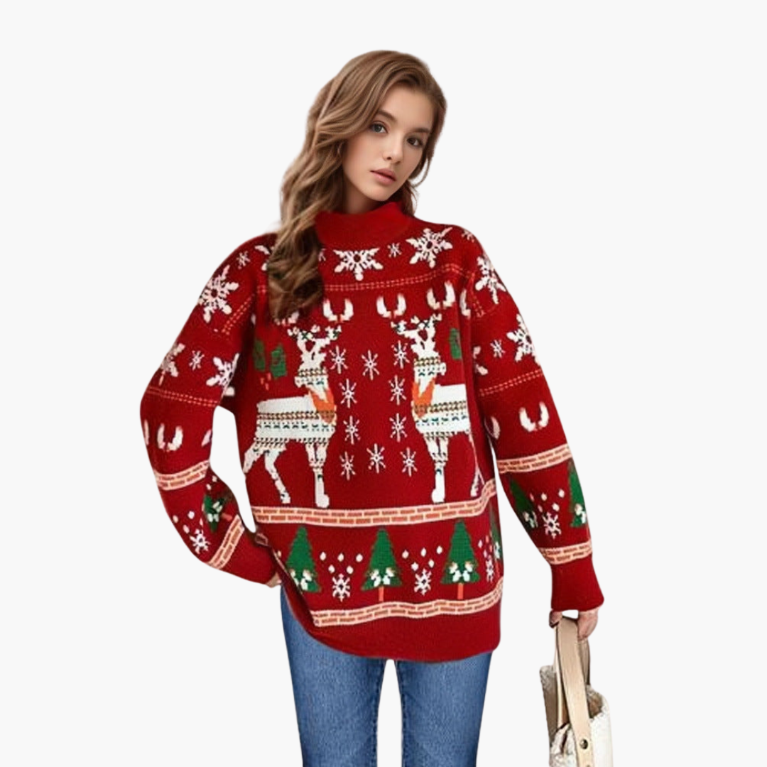 Elarova | Damen Weihnachts Pullover mit Rentier und Schneeflockenmotiv
