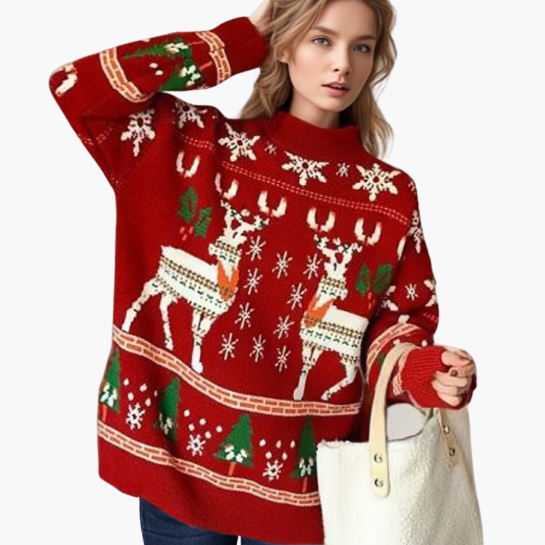 Elarova | Damen Weihnachts Pullover mit Rentier und Schneeflockenmotiv